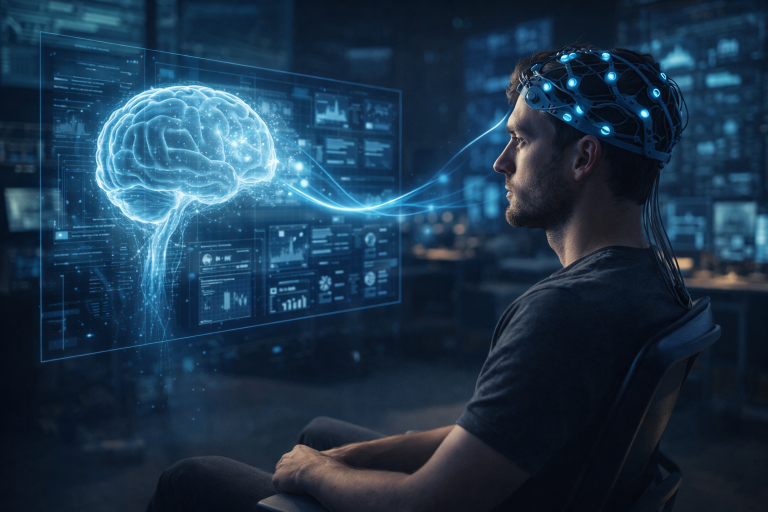 Man using brain-computer interface technology connected to a digital human brain hologram in a futuristic lab