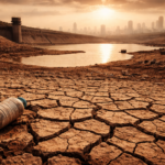 Dry cracked land with empty water reservoir symbolizing global water crisis