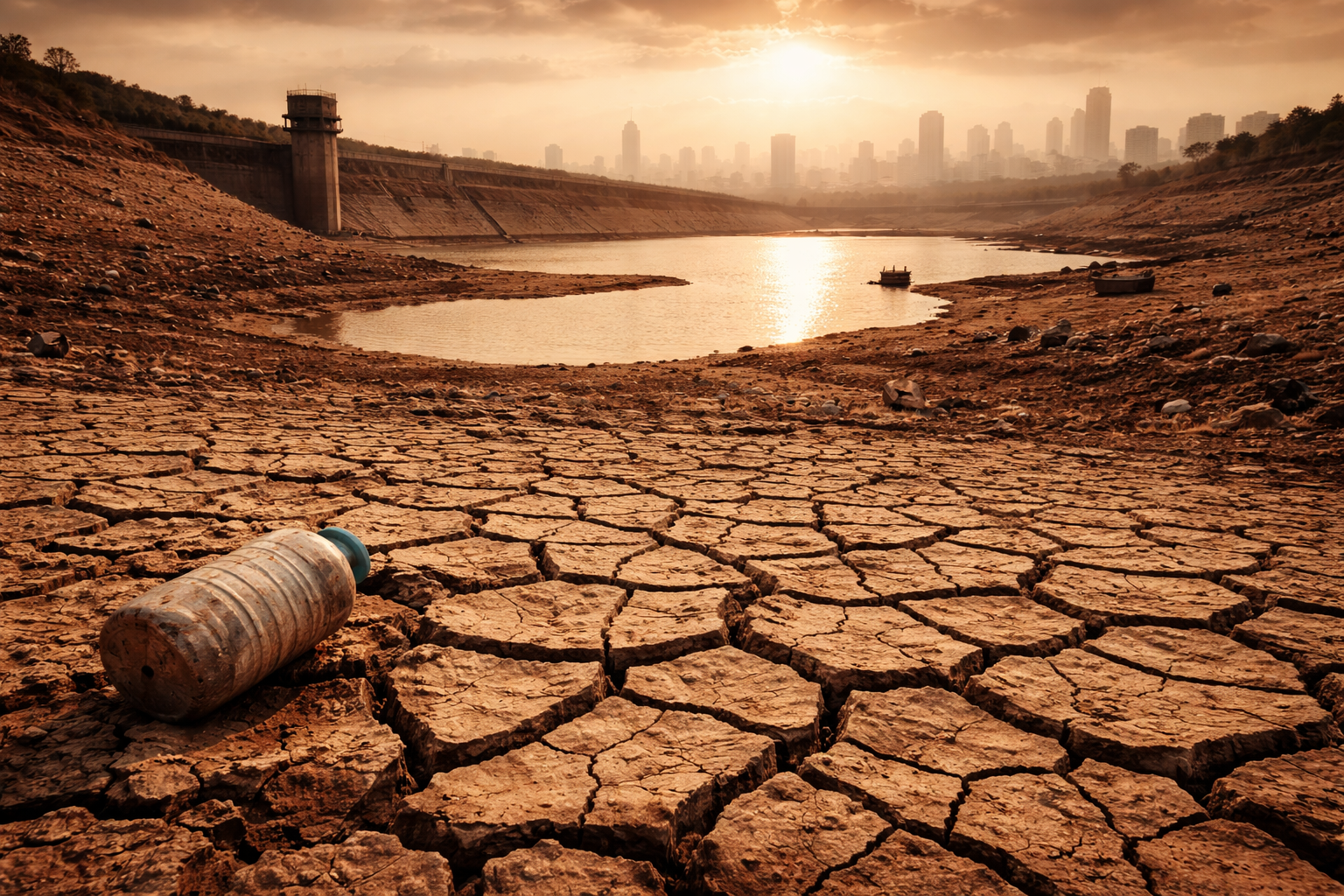 Dry cracked land with empty water reservoir symbolizing global water crisis