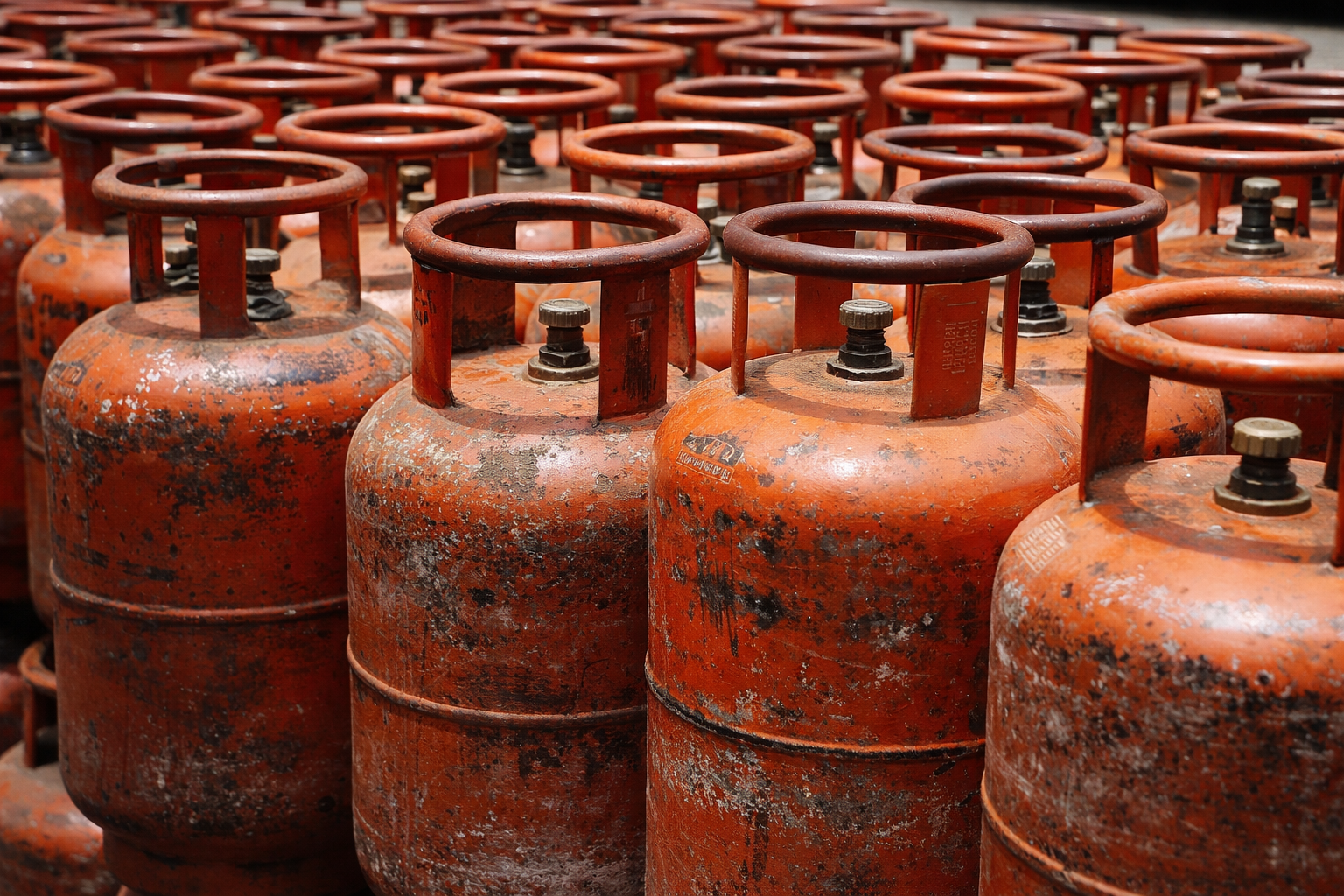 LPG gas cylinders arranged in storage showing supply disruption concerns in India