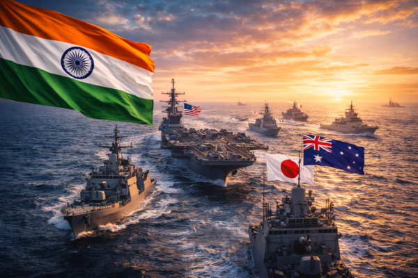 Naval warships participating in multinational Malabar exercise in Indo-Pacific region