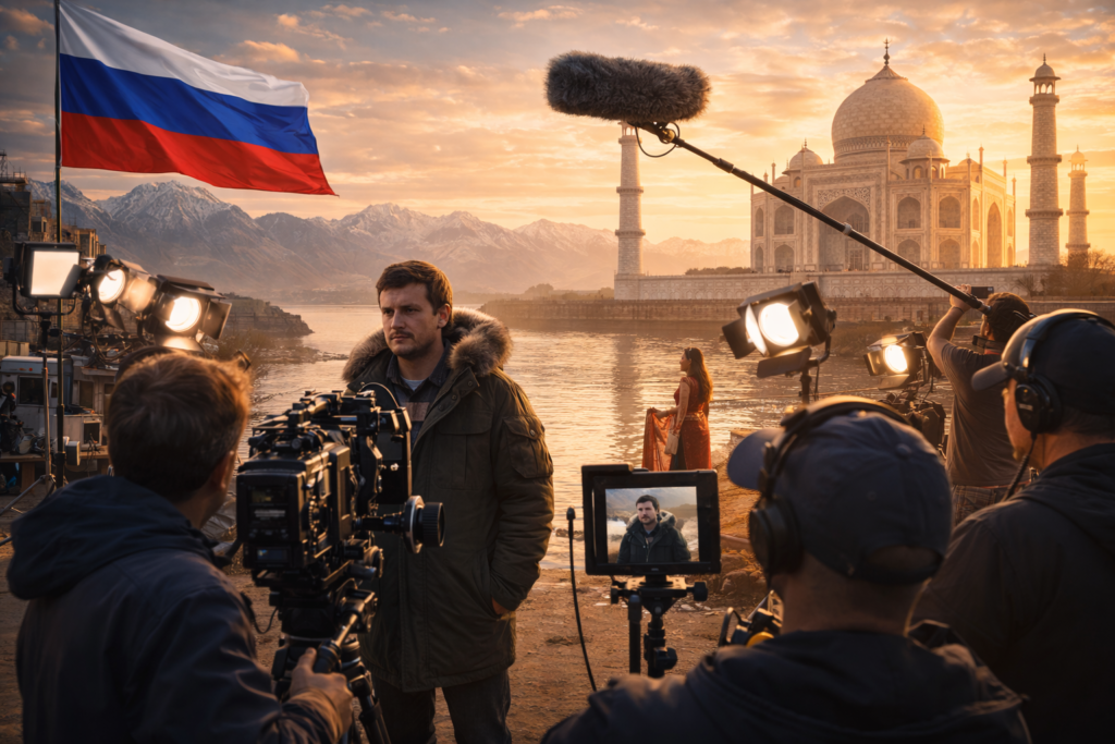 International film shooting scene in India with cinematic setup and crew