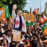 Assam election rally crowd with political flags and voting environment