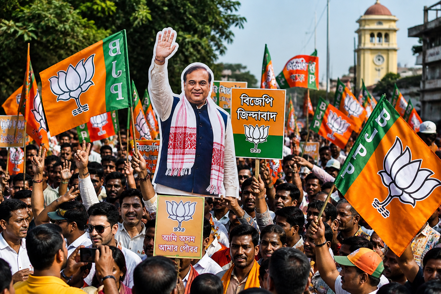 Assam election rally crowd with political flags and voting environment