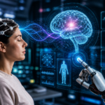 futuristic brain-computer interface with neural signals connecting to digital