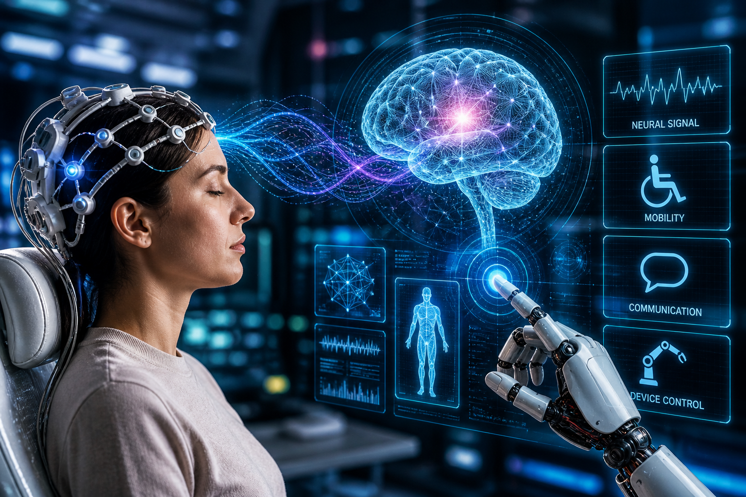 futuristic brain-computer interface with neural signals connecting to digital