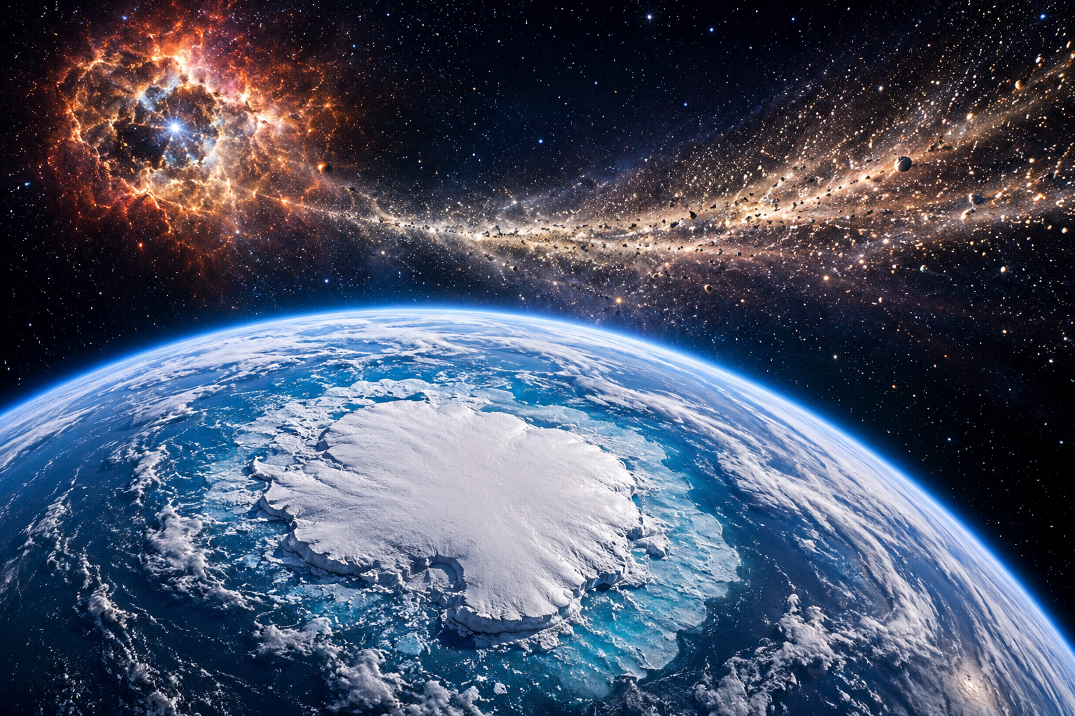 Earth passing through ancient supernova stardust with Antarctica and cosmic dust visible from space