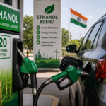 fuel pump showing ethanol blend with car refueling in India