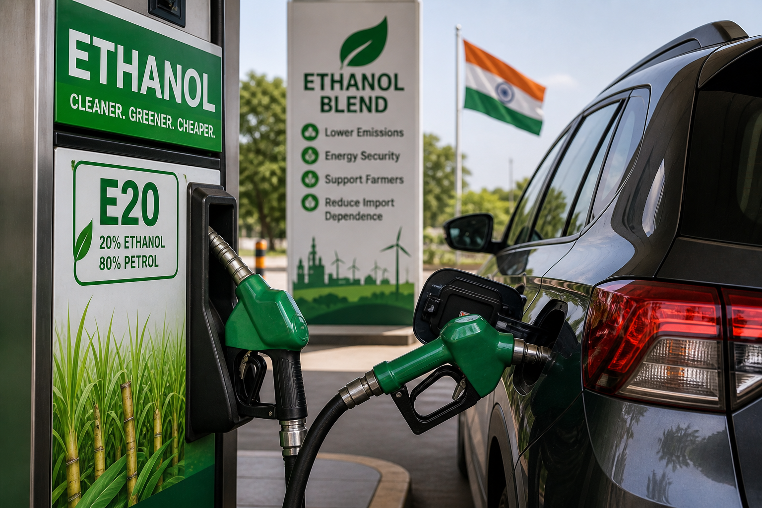 fuel pump showing ethanol blend with car refueling in India