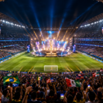 FIFA World Cup 2026 final halftime show atmosphere with football stadium lights and global music celebration