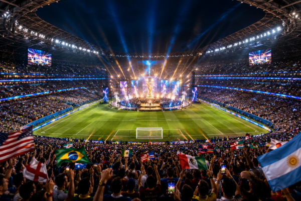 FIFA World Cup 2026 final halftime show atmosphere with football stadium lights and global music celebration