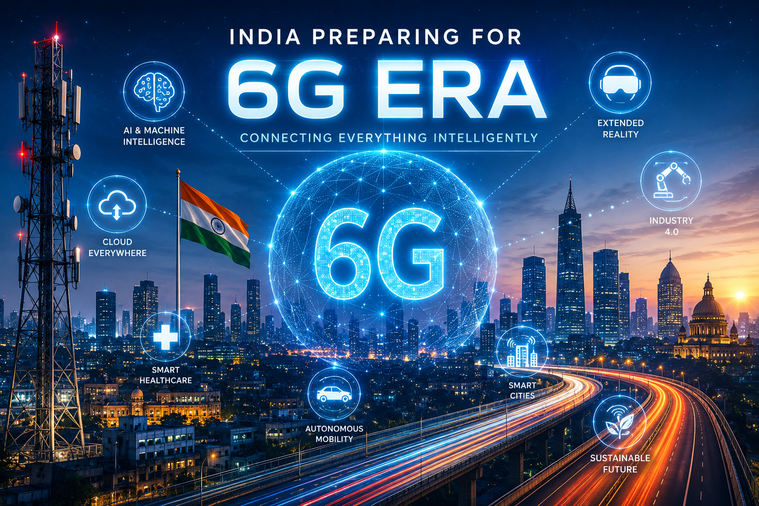 Futuristic India preparing for 6G technology with smart city networks, digital connectivity, and next-generation internet infrastructure