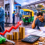 India fuel price hike showing petrol pump, CNG vehicle, family budget calculation and rising transport costs