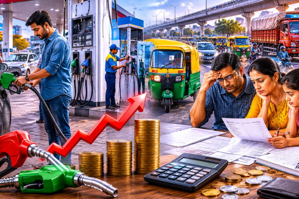 India fuel price hike showing petrol pump, CNG vehicle, family budget calculation and rising transport costs