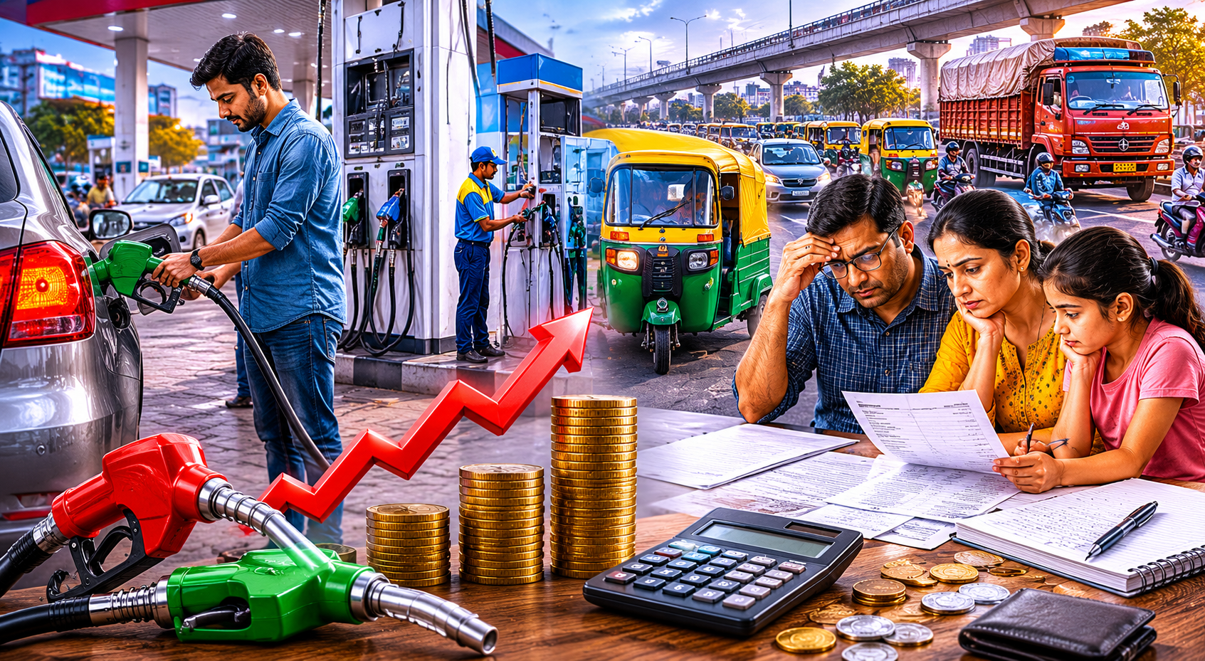 India fuel price hike showing petrol pump, CNG vehicle, family budget calculation and rising transport costs