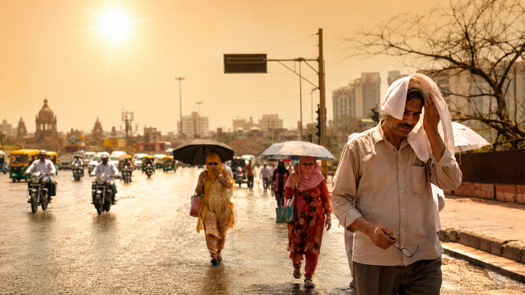 India heatwave 2026 with people facing extreme summer temperatures in a city street