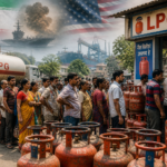 LPG cylinders stacked with people waiting in line during fuel shortage in India