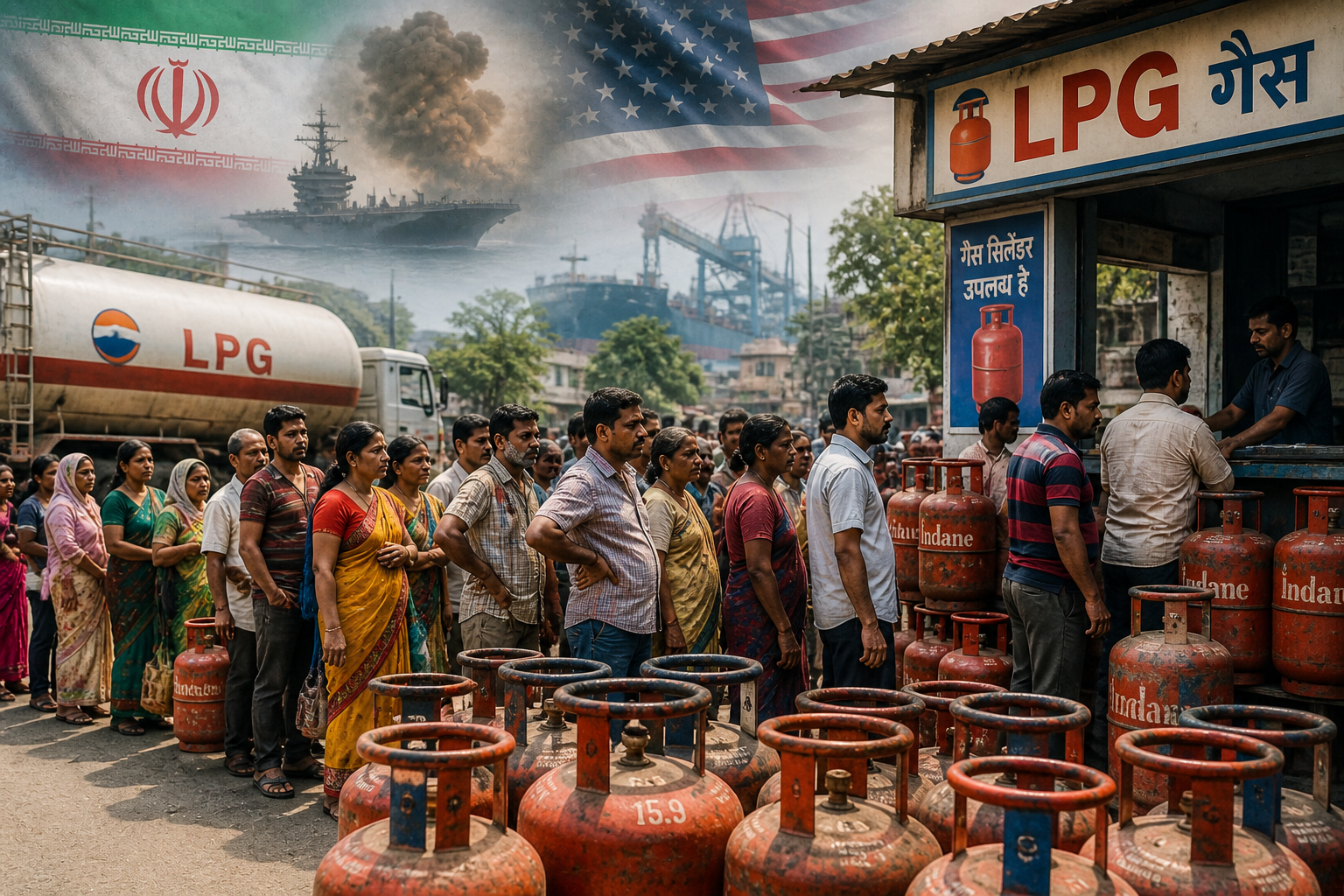 LPG cylinders stacked with people waiting in line during fuel shortage in India