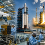 India space hub with rocket manufacturing facility, satellite systems, and futuristic launch infrastructure in Gujarat and Tamil Nadu