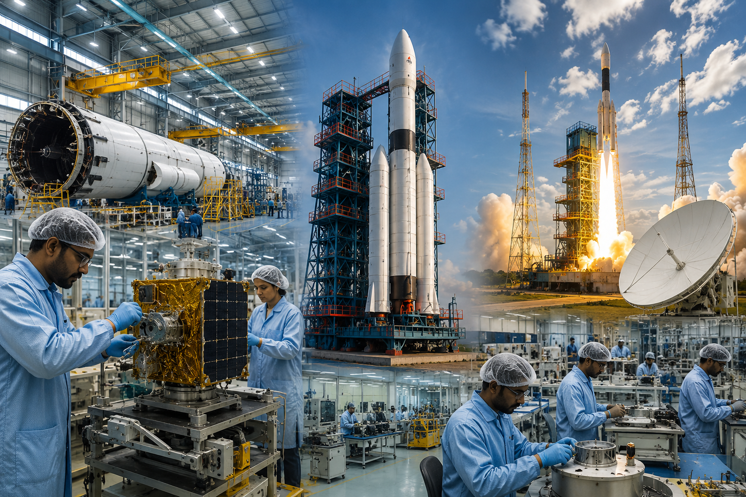 India space hub with rocket manufacturing facility, satellite systems, and futuristic launch infrastructure in Gujarat and Tamil Nadu