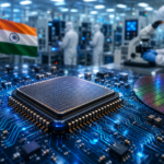 India semiconductor mission showing chip manufacturing, clean-room engineers, digital circuits, and futuristic technology infrastructure