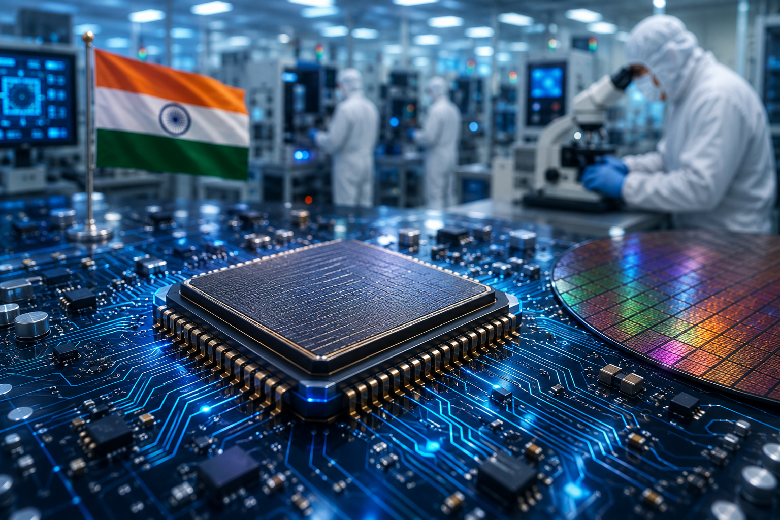 India semiconductor mission showing chip manufacturing, clean-room engineers, digital circuits, and futuristic technology infrastructure