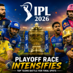 cricket stadium with players in action during IPL match under floodlights