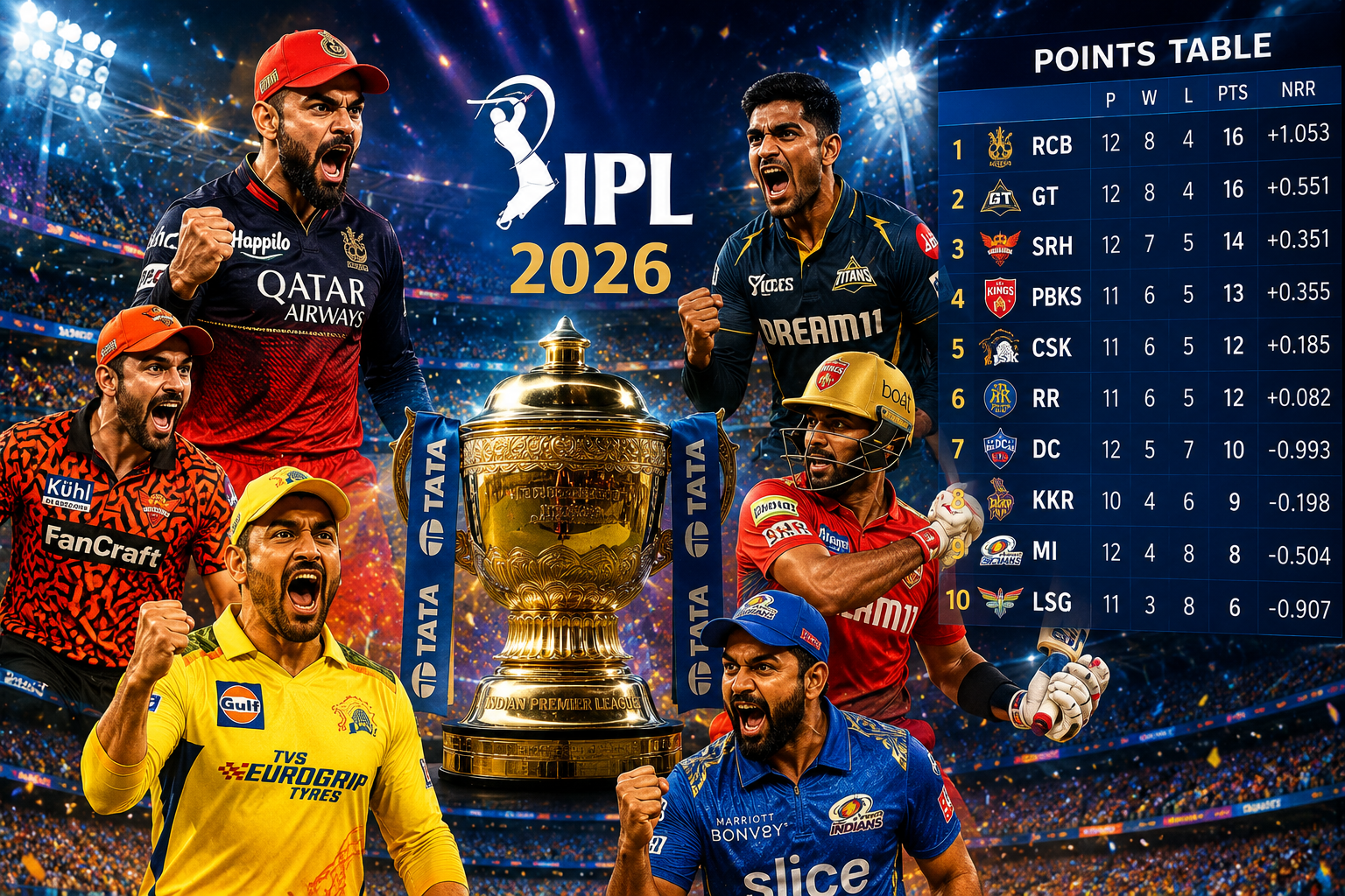 IPL 2026 playoff race cricket stadium with teams fighting for qualification