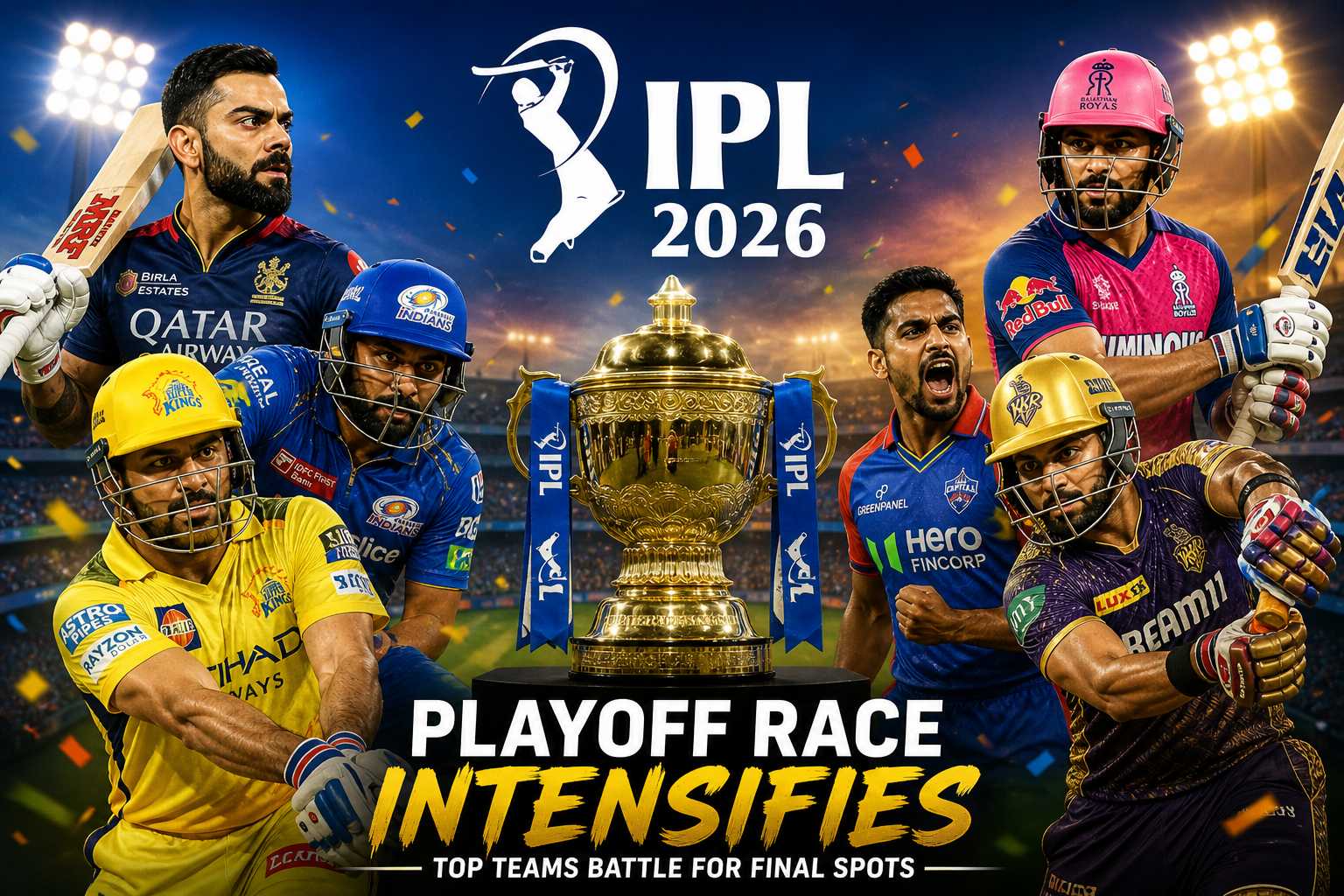 cricket stadium with players in action during IPL match under floodlights