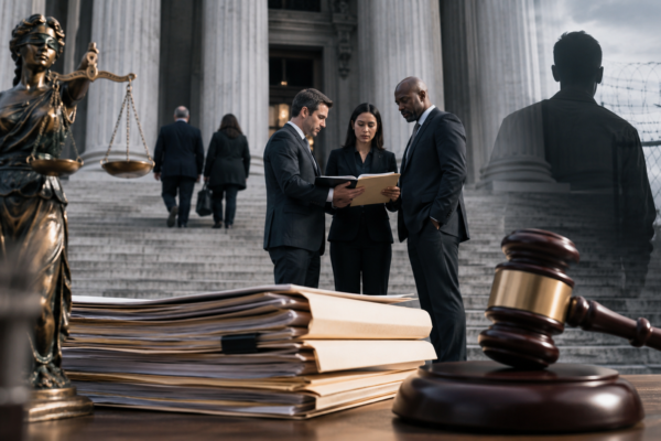 Kilmar Abrego Garcia court case concept with US federal courthouse, immigration documents and legal justice theme
