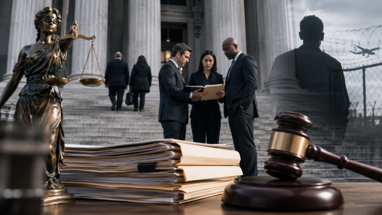 Kilmar Abrego Garcia court case concept with US federal courthouse, immigration documents and legal justice theme