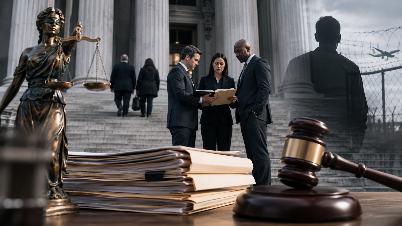 Kilmar Abrego Garcia court case concept with US federal courthouse, immigration documents and legal justice theme