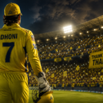 MS Dhoni inspired CSK legacy scene with yellow stadium lights and emotional cricket atmosphere