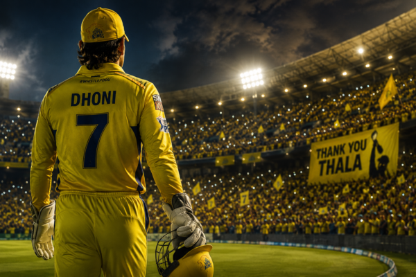 MS Dhoni inspired CSK legacy scene with yellow stadium lights and emotional cricket atmosphere