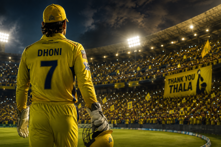 MS Dhoni inspired CSK legacy scene with yellow stadium lights and emotional cricket atmosphere