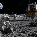 NASA Artemis astronauts working near a lunar lander and future Moon habitat as Earth rises above the lunar surface