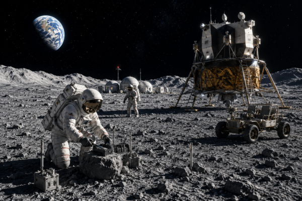 NASA Artemis astronauts working near a lunar lander and future Moon habitat as Earth rises above the lunar surface