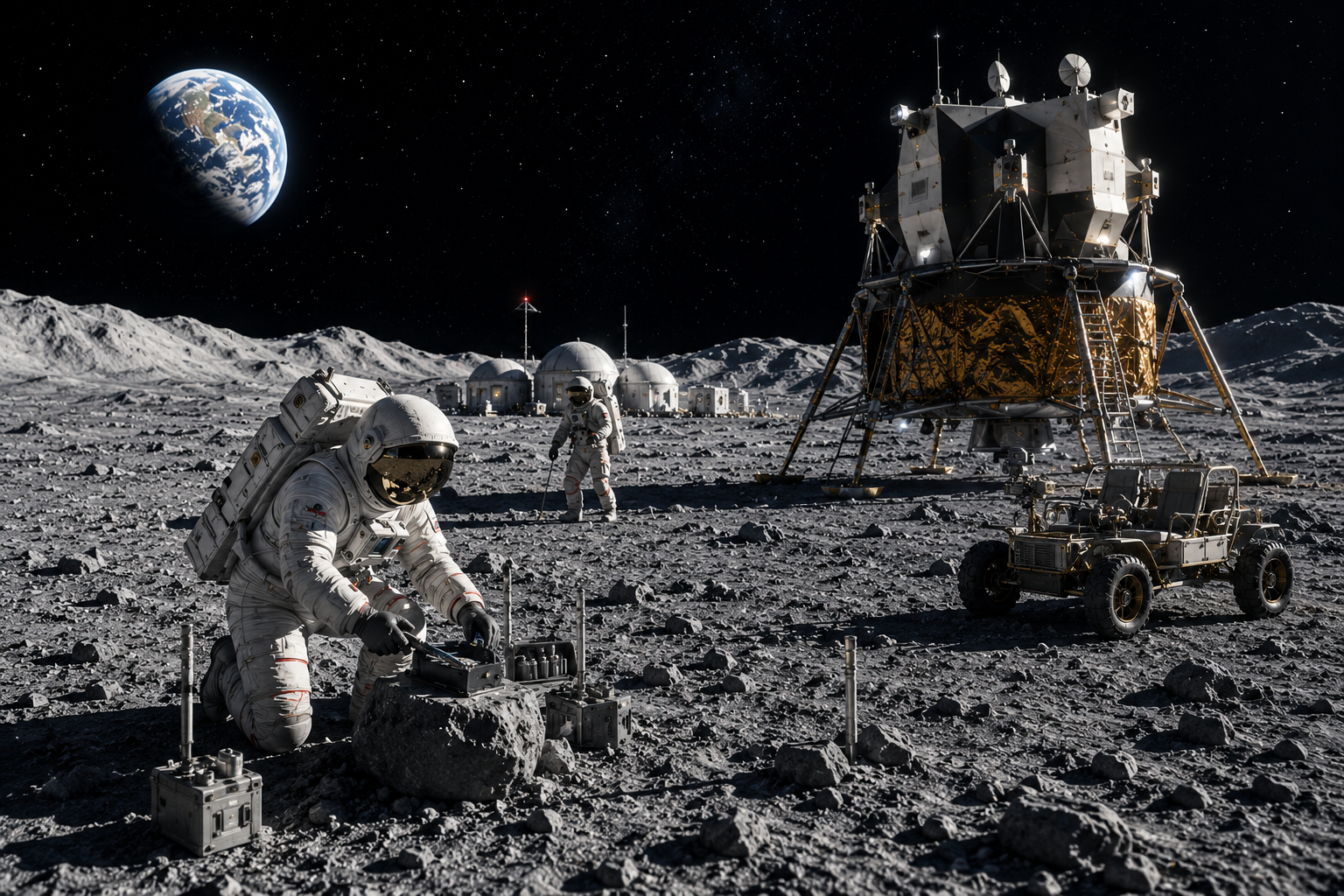 NASA Artemis astronauts working near a lunar lander and future Moon habitat as Earth rises above the lunar surface