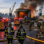New York City shipyard explosion with firefighters, emergency vehicles, smoke and industrial fire response on Staten Island