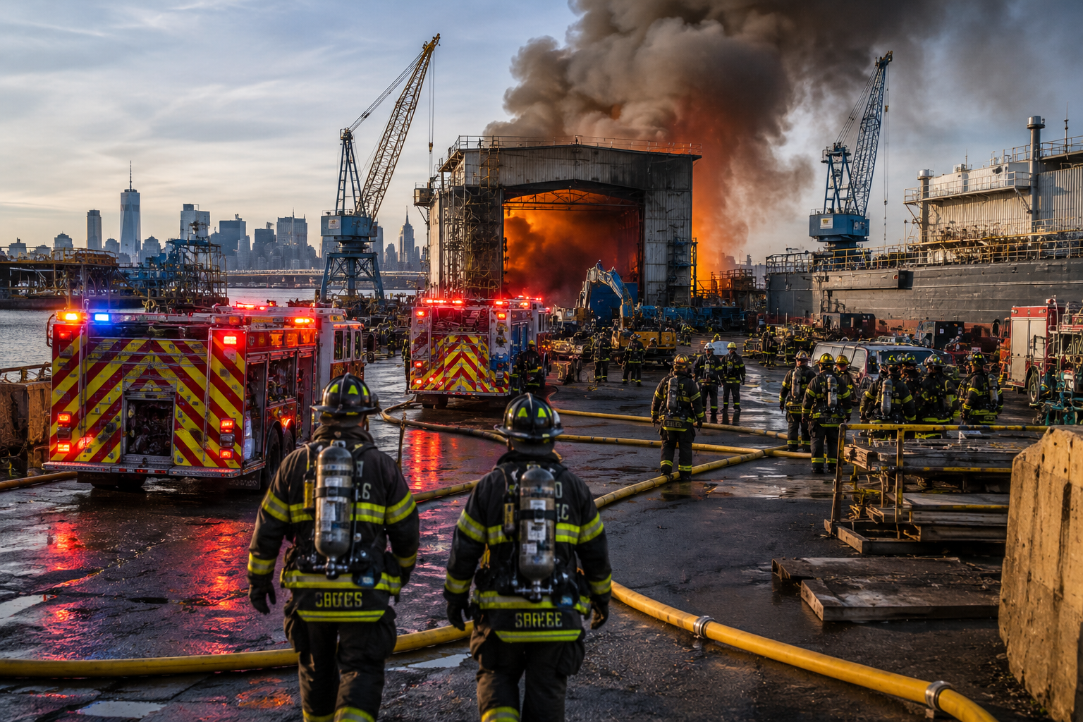 New York City shipyard explosion with firefighters, emergency vehicles, smoke and industrial fire response on Staten Island