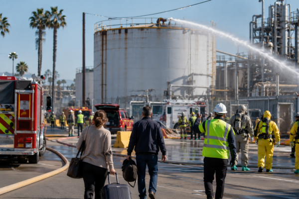 Southern California chemical tank leak evacuation with emergency crews, hazmat response and residents leaving affected area