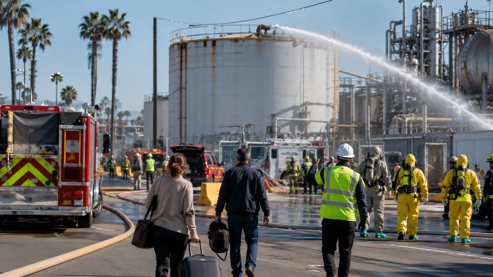 Southern California chemical tank leak evacuation with emergency crews, hazmat response and residents leaving affected area