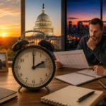 Daylight saving time debate in the United States with clocks, sunrise, evening city lights and family schedule concept