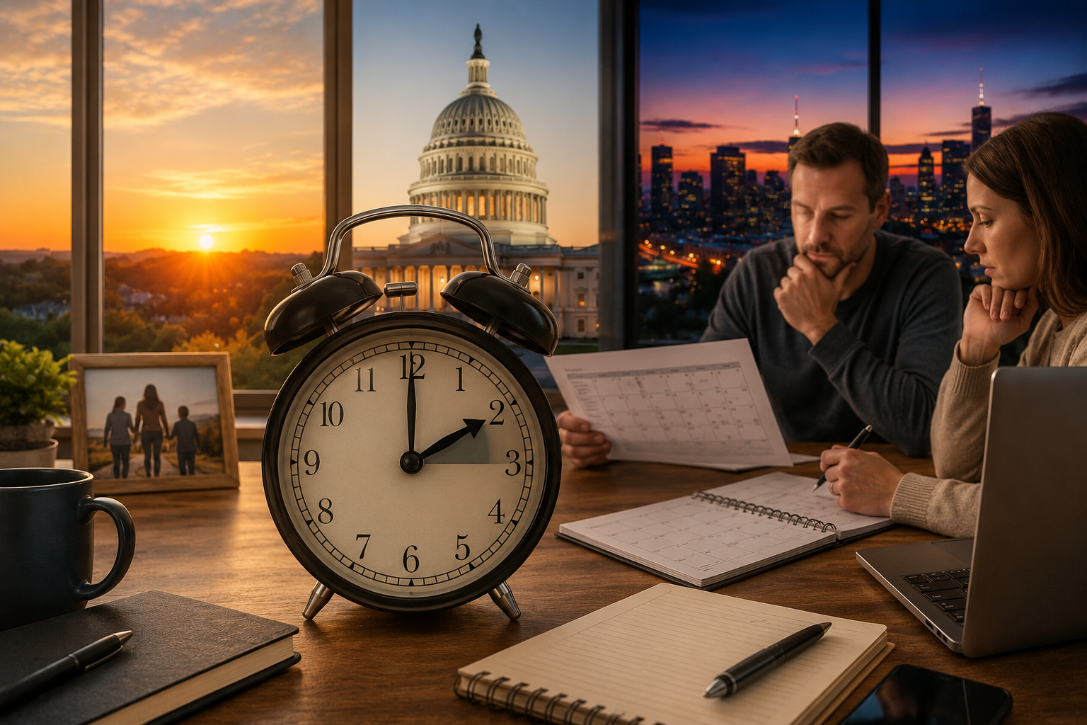 Daylight saving time debate in the United States with clocks, sunrise, evening city lights and family schedule concept