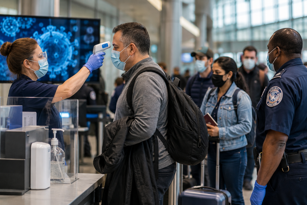 US Ebola travel ban with airport screening, health officials, passengers and public health safety checks