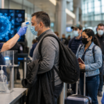 US Ebola travel ban with airport screening, health officials, passengers and public health safety checks