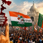 West Bengal election rally crowd with political flags and voting atmosphere