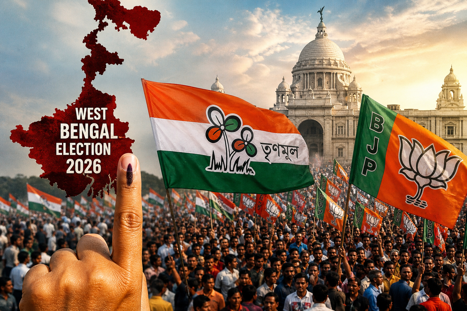 West Bengal election rally crowd with political flags and voting atmosphere