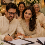 Elegant private Bollywood-style wedding ceremony with close family in a warm home setting.