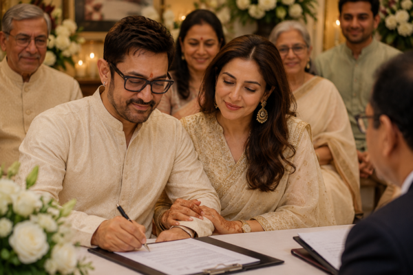 Elegant private Bollywood-style wedding ceremony with close family in a warm home setting.
